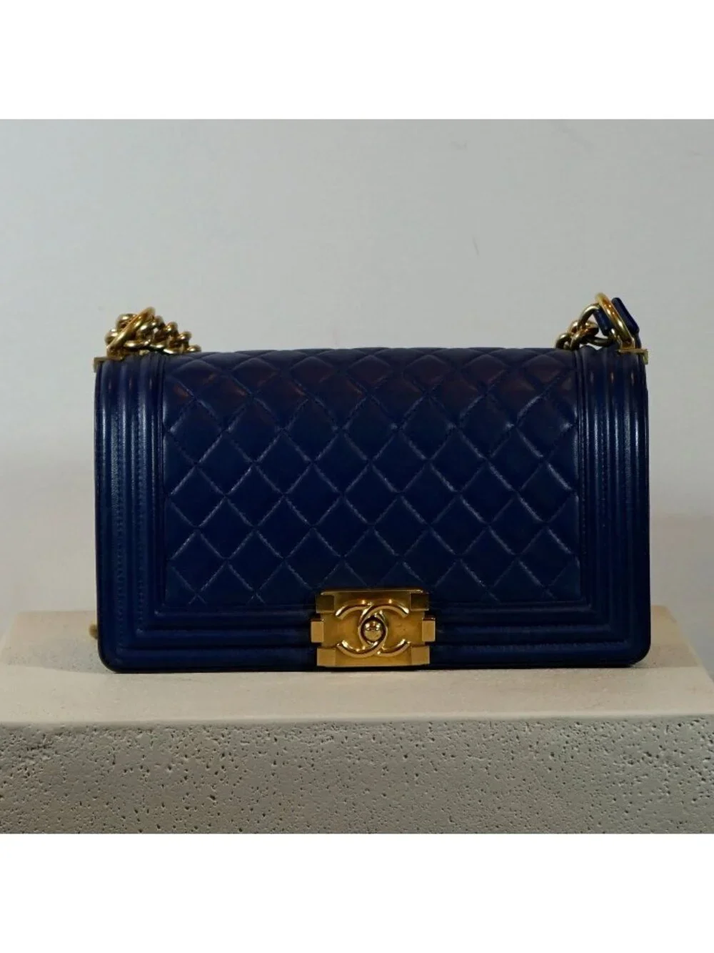 Chanel Boy Bag Caviar Blue with Gold Hardware